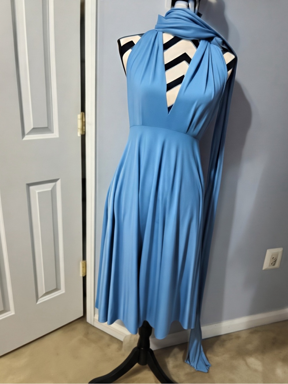 Light Blue Multi-Style Midi Dress with Draped Scarf